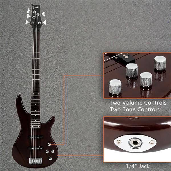 [Do Not Sell on Amazon]Glarry GIB Electric 5 String Bass Guitar Full Size Bag Strap Pick Connector Wrench Tool Earth Brown