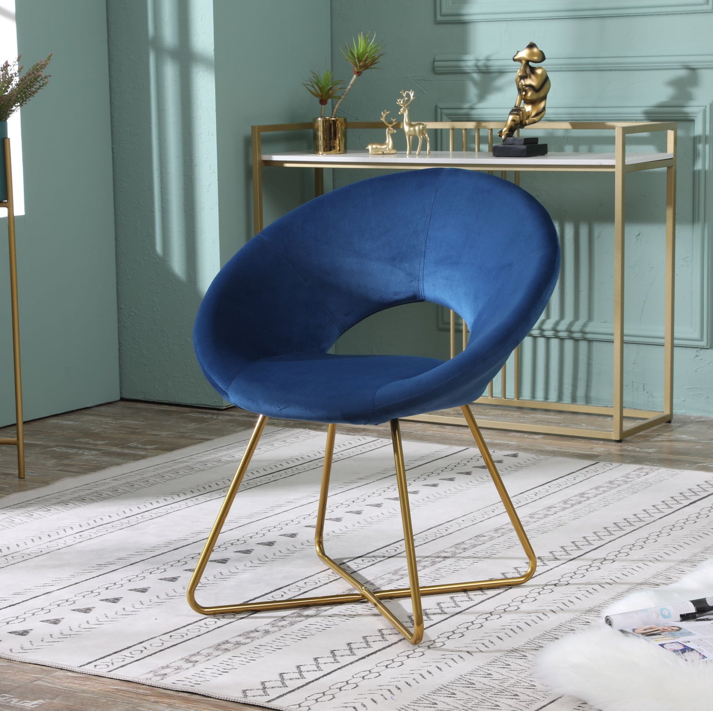 Slatina Blue Silky Velvet Upholstered Accent Chair with Gold Tone Finished Base