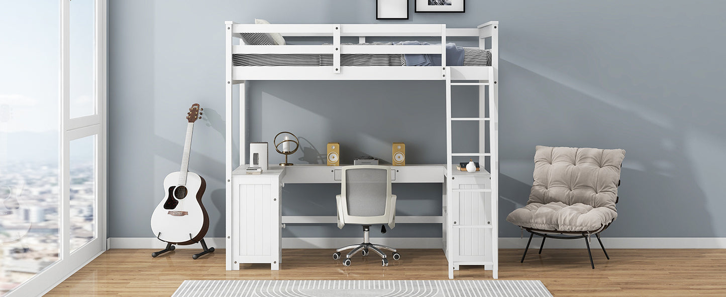 Twin Size Loft Bed with U-shaped Desk, Drawers and Storage Shelves, White