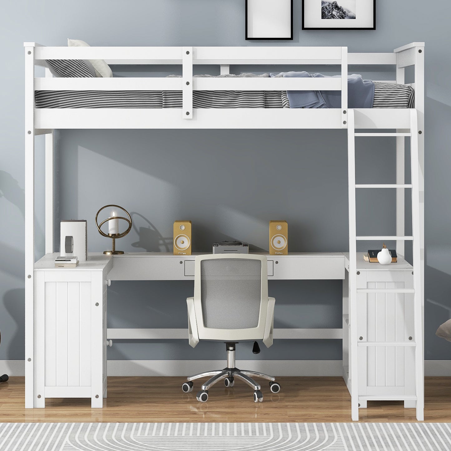 Twin Size Loft Bed with U-shaped Desk, Drawers and Storage Shelves, White