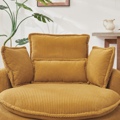 38" Modern Accent Round Swivel Barrel Oversized Chair with Moon Storage Ottoman & 4 Pillows in Yellow Corduroy