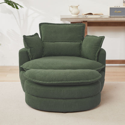 38" Modern Accent Round Swivel Barrel Oversized Chair with Moon Storage Ottoman with 4 Pillows in Green Corduroy