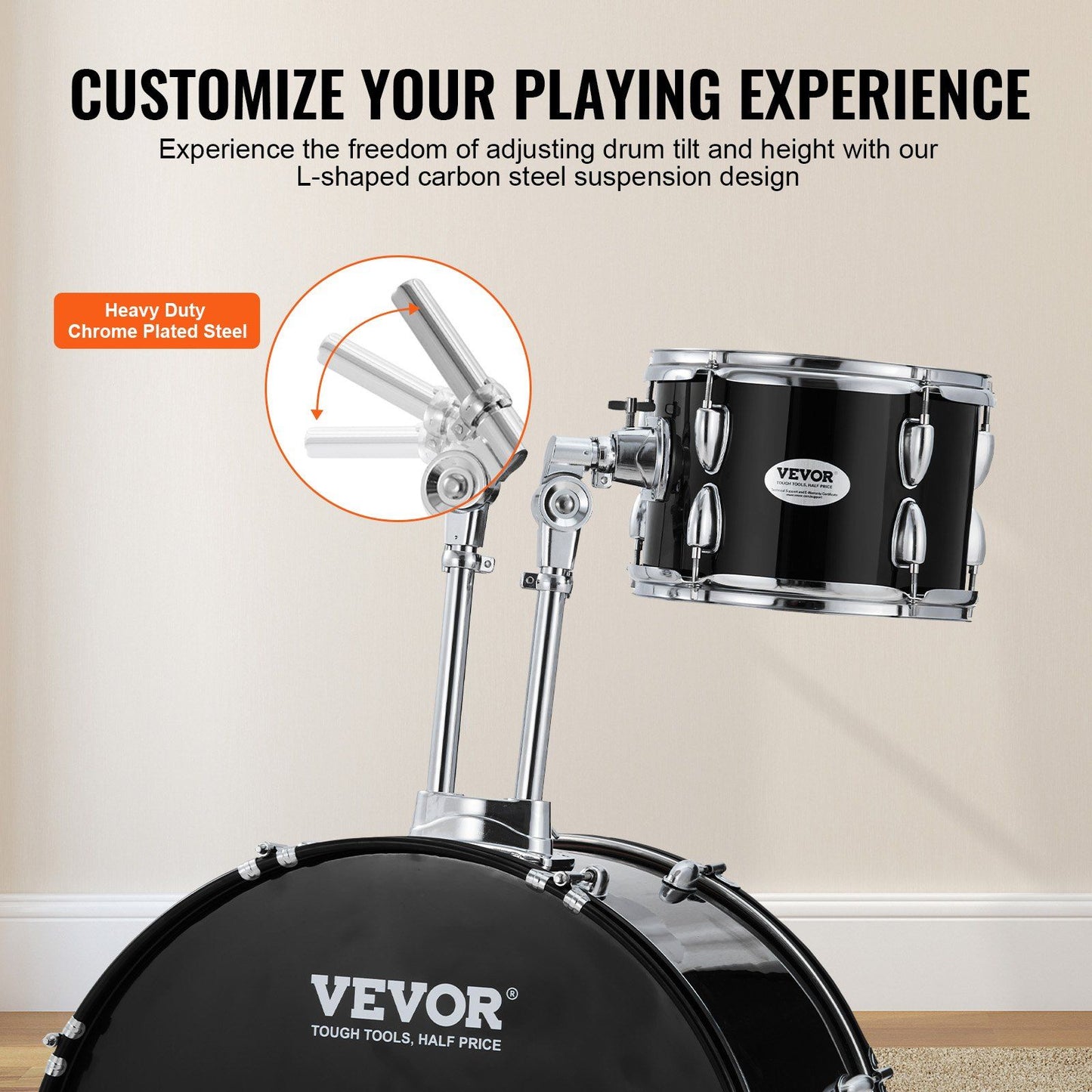 VEVOR Adult Drum Set, 5-Piece, 22 inches Complete Full Size Drum Kit with Bass Toms Snare Floor Drum Adjustable Throne Stands Cymbal Hi-Hat Pedal and Drumsticks, Beginner Drum Kit for Adults, Black