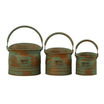 Tinged Metal Bucket Planter With Handles, Patina Rust Finish, Green, Set of 3