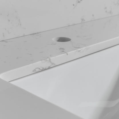 Montary 43x22 inch bathroom stone vanity top engineered stone carrara white marble color with rectangle undermount ceramic sink and single faucet hole with back splash .