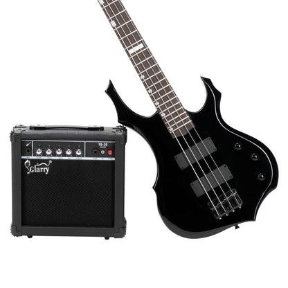 [Do Not Sell on Amazon]Full Size Glarry 4 String Burning Fire enclosed H-H Pickup Electric Bass Guitar with 20W Amplifier Bag Strap Connector Wrench Tool Black