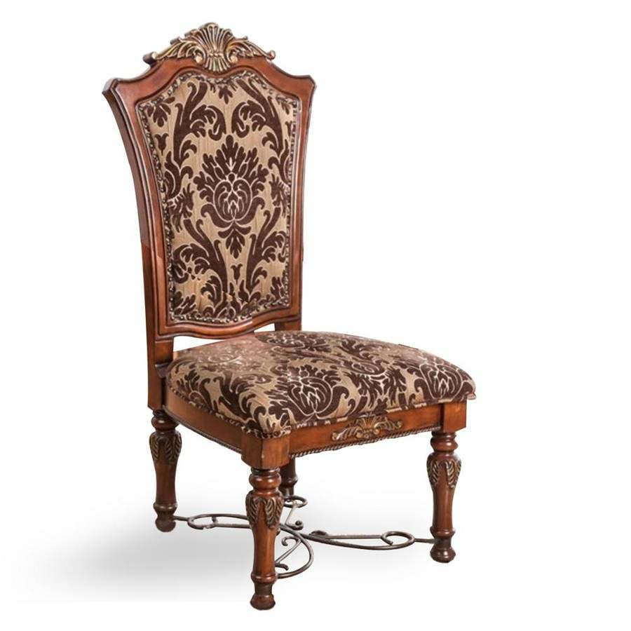 Traditional Fancy Set of 2pcs Side Chairs Brown Cherry Solid wood Intricate Carved Details Floral Design Print Fabric Seats Formal Dining Room Furniture