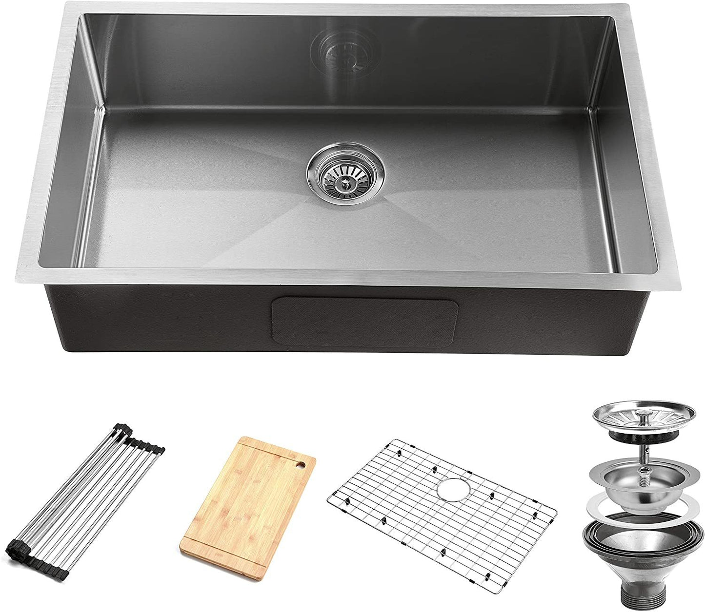 Simple Deluxe 32-Inch Undermount Workstation Kitchen Sink, 16 Gauge Single Bowl Stainless Steel with Accessories (Pack of 5 Built-in Components), Silver