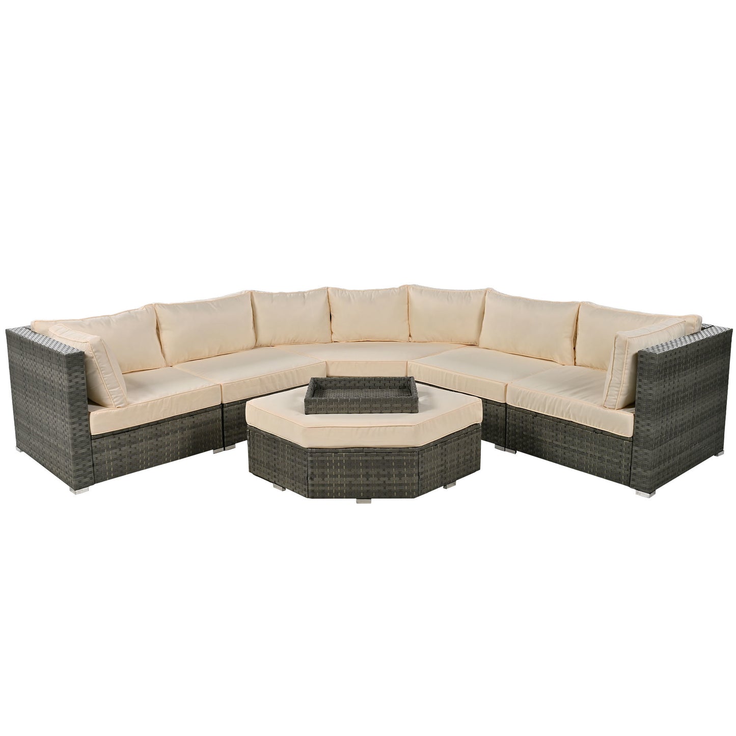 U-style Patio Furniture Set, 6 Piece Outdoor Conversation Set All Weather Wicker Sectional Sofa with Ottoman and Cushions and Small Trays