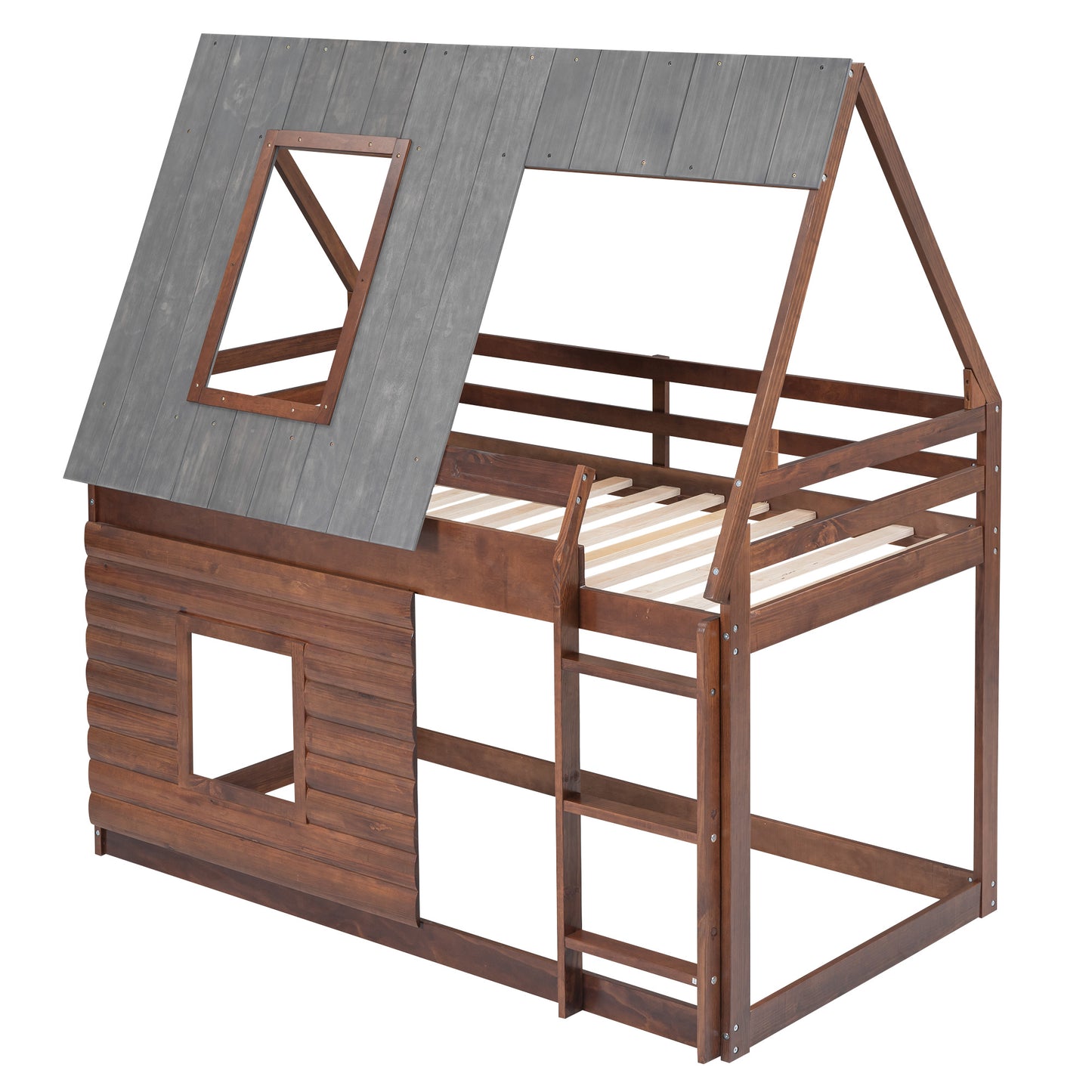 Wood Twin Size House Bunk Bed with Roof, Ladder and 2 Windows, Oak & Smoky Grey