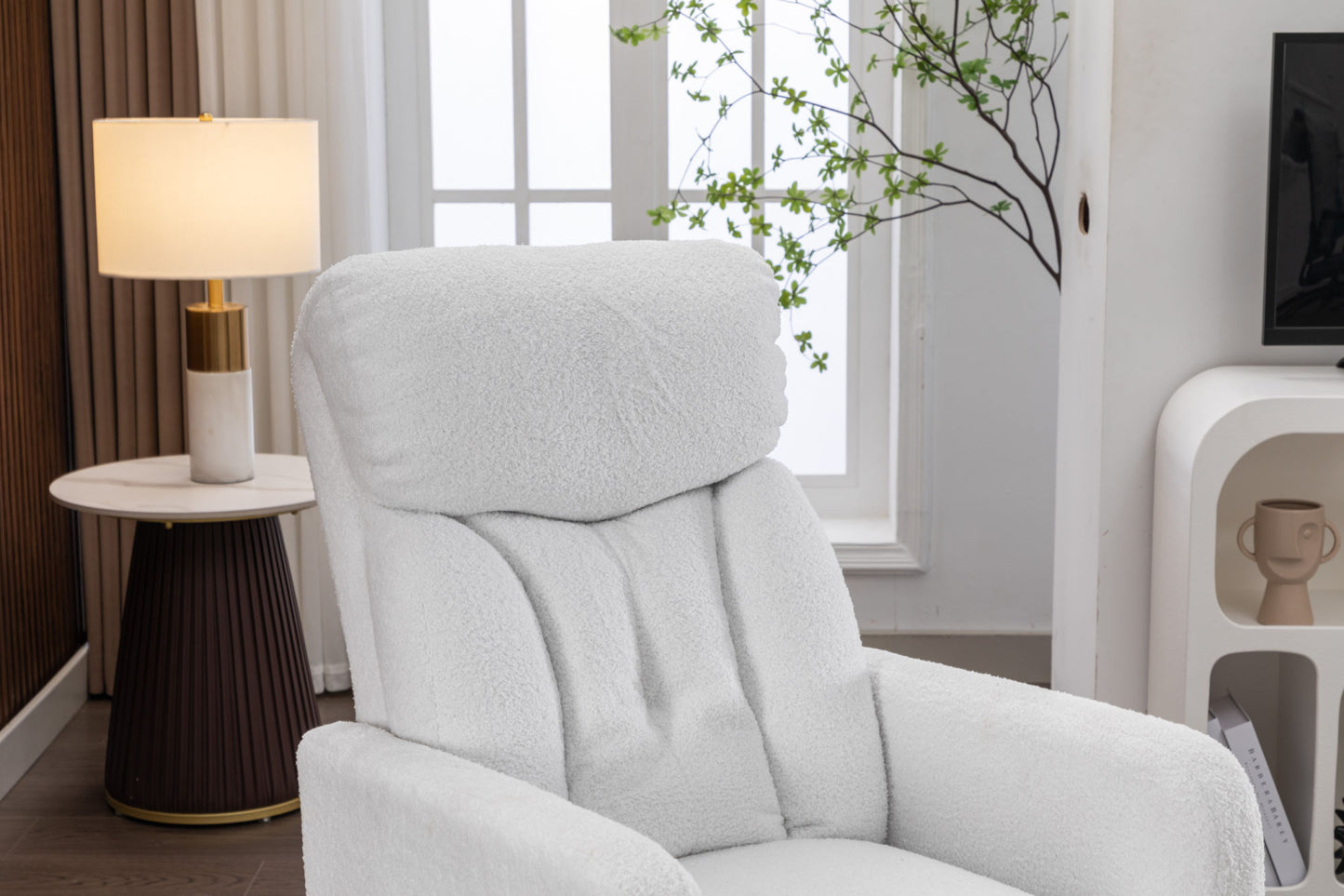 022-Teddy Fabric Swivel Rocking Chair Gilder Chair With Pocket,White