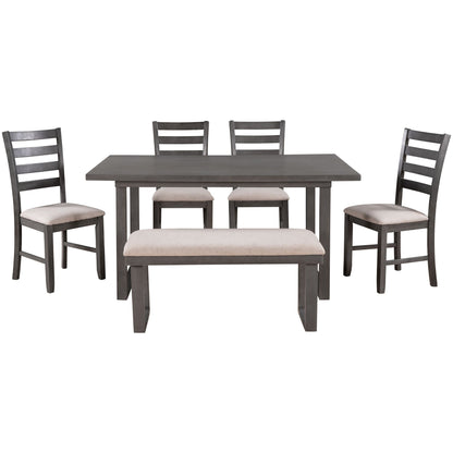 TREXM 6-Pieces Family Furniture, Solid Wood Dining Room Set with Rectangular Table & 4 Chairs with Bench(Gray)