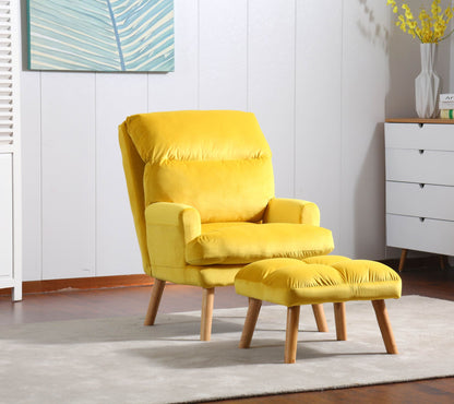 Soft Comfortable 1pc Accent Click Clack Chair with Ottoman Yellow Fabric Upholstered Oak Finish Legs Living Room Furniture