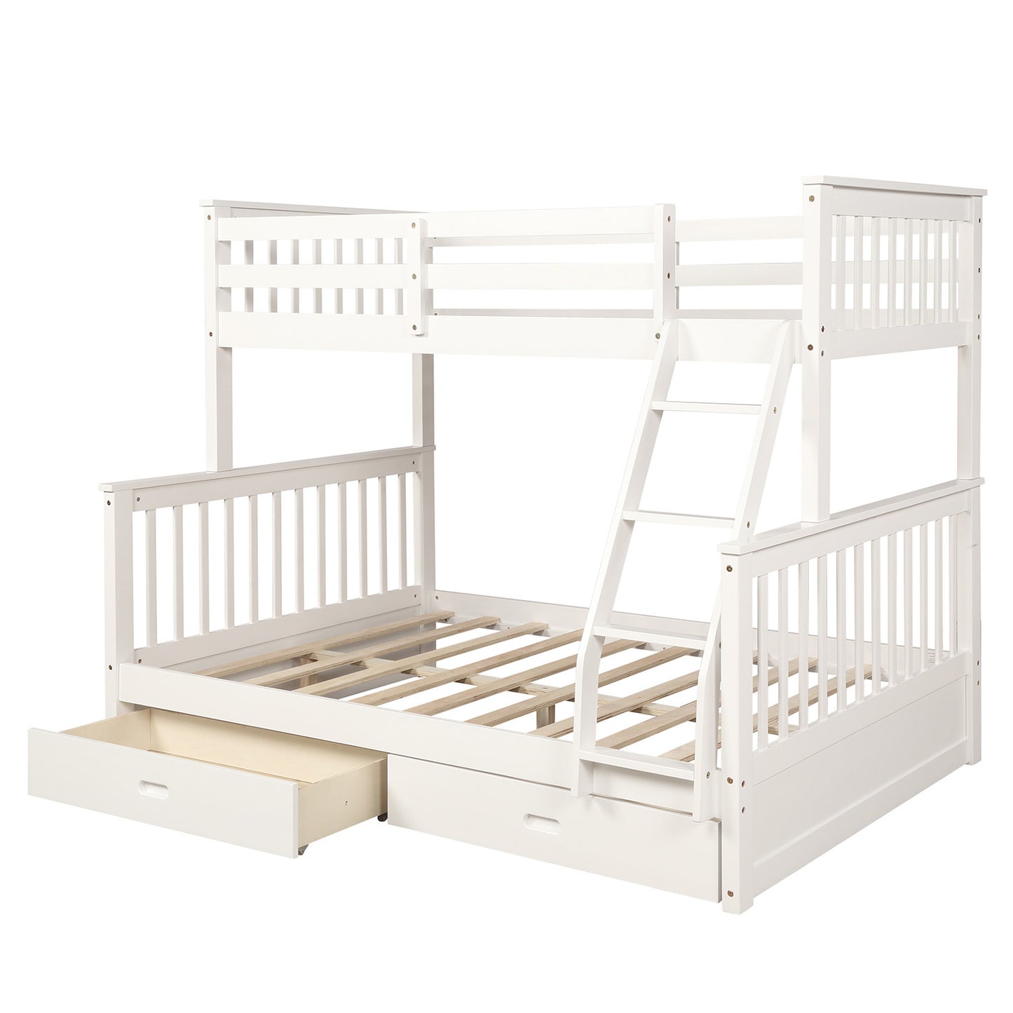 Twin Over Full Bunk Bed with Storage Drawers, Wooden Bunk Bed with Ladder and Safety Guard Rails –White