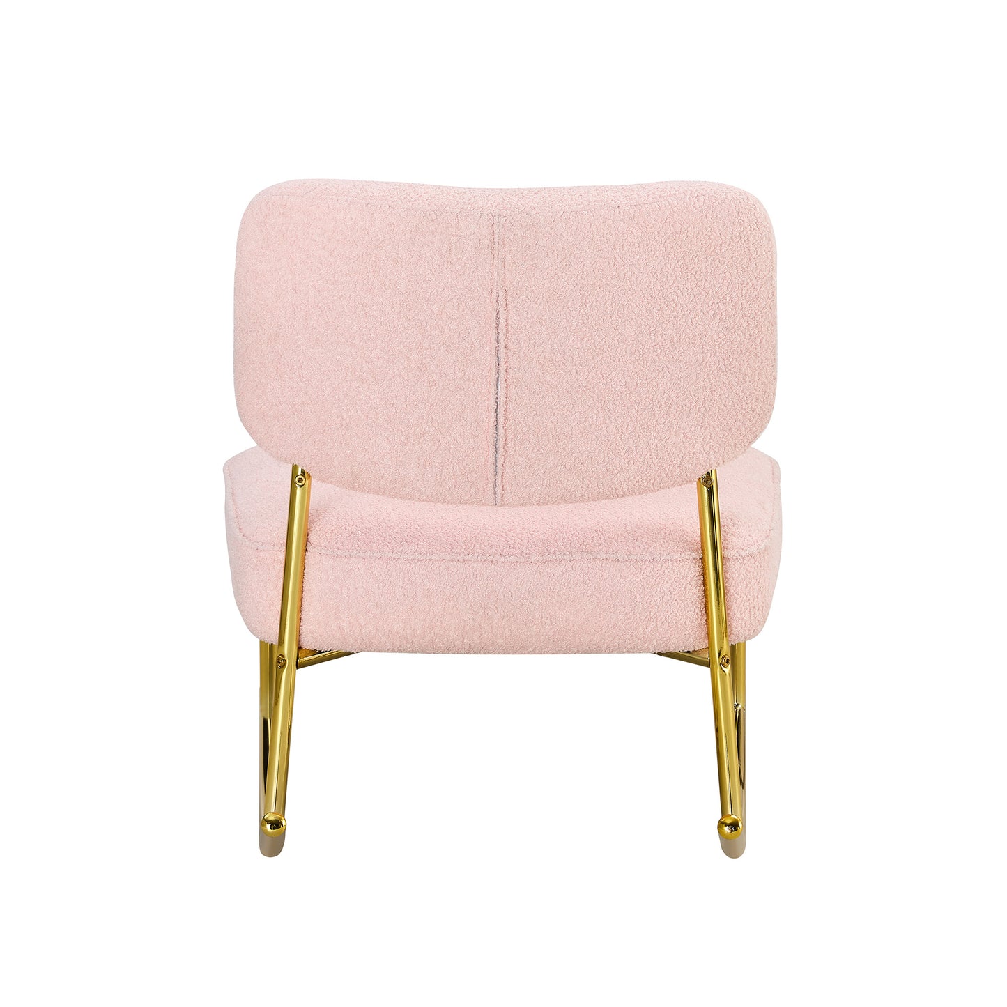 Teddy velvet material cushioned rocking chair, unique rocking chair, cushioned seat, pink backrest rocking chair, and golden metal legs. Comfortable side chairs in the living room, bedroom, and office