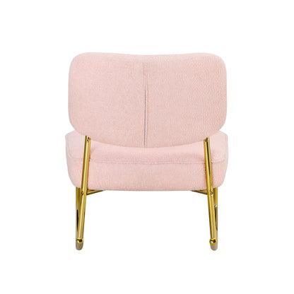 Teddy velvet material cushioned rocking chair, unique rocking chair, cushioned seat, pink backrest rocking chair, and golden metal legs. Comfortable side chairs in the living room, bedroom, and office