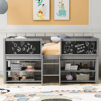 Twin Size Low Loft Bed with Two Movable Shelves and Ladder,with Decorative Guardrail Chalkboard,Gray(Old SKU: WF283286AAE)