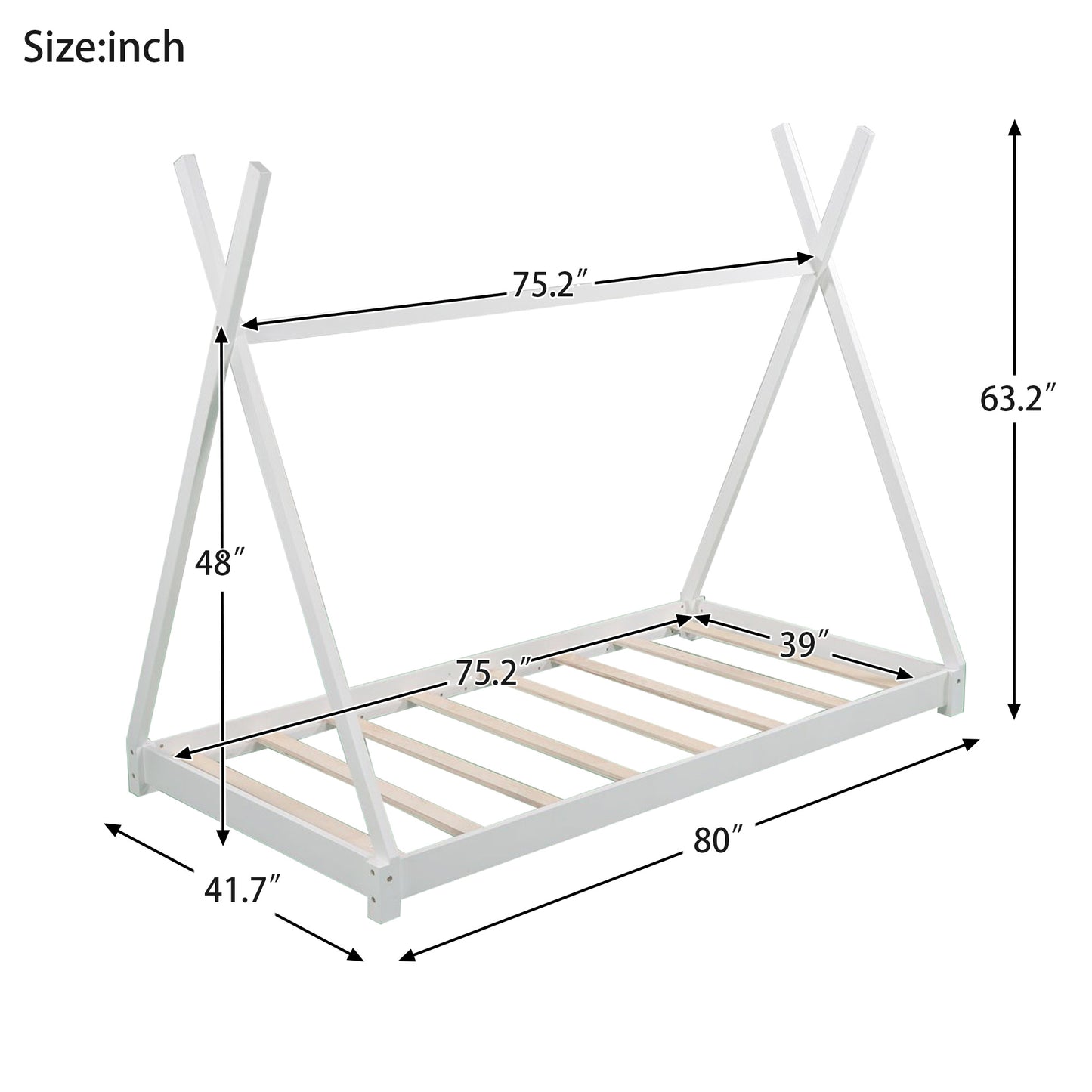 Twin Size House Platform Bed with Triangle tructure,White