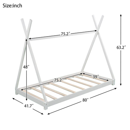 Twin Size House Platform Bed with Triangle tructure,White