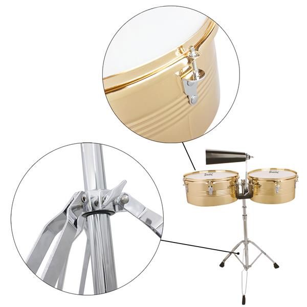 [Do Not Sell on Amazon]Glarry 13" & 14" Timbales Drum Set with Stand and Cowbell Golden