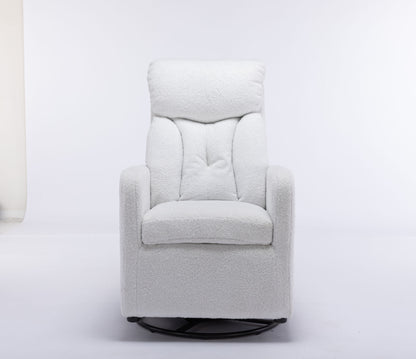 022-Teddy Fabric Swivel Rocking Chair Gilder Chair With Pocket,White