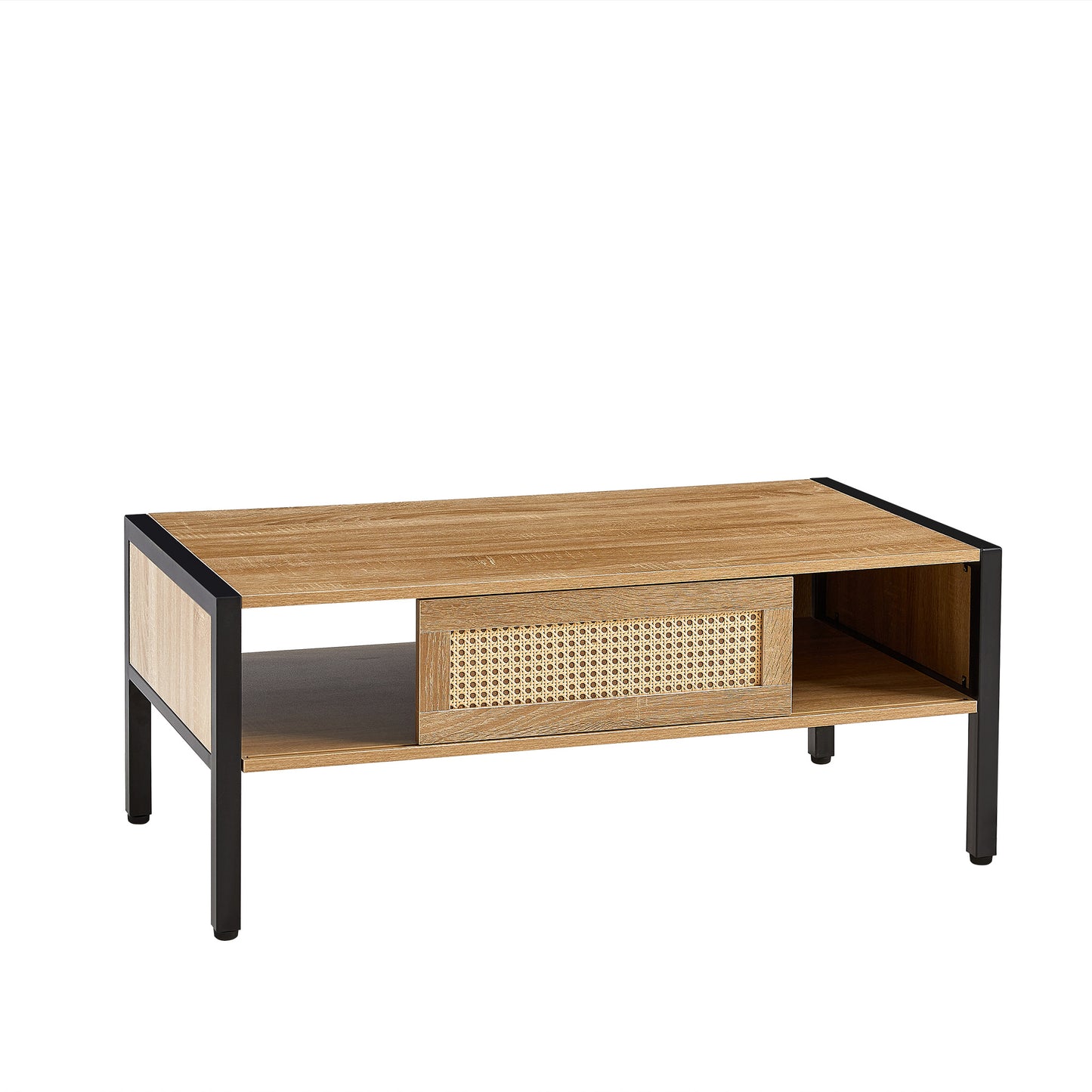 40.16" Rattan Coffee table, sliding door for storage, metal legs, Modern table for living room , natural