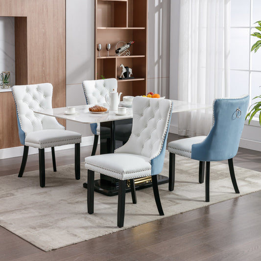 A&A Furniture,Nikki Collection Modern, High-end Tufted Solid Wood Contemporary PU and Velvet Upholstered Dining Chair with Wood Legs Nailhead Trim 2-Pcs Set, White+Light Blue, SW2101WL