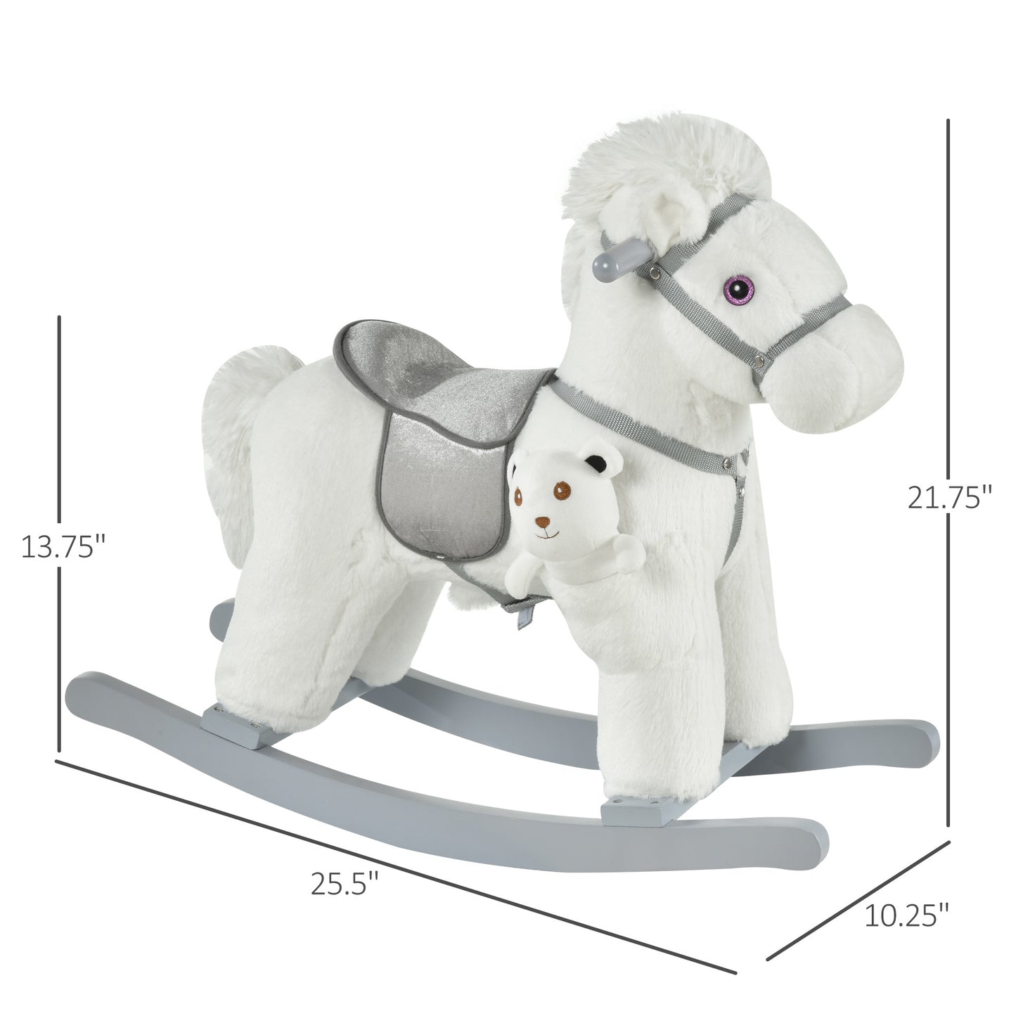 Kids Plush Ride-On Rocking Horse with Bear Toy, Children Chair with Soft Plush Toy & Fun Realistic Sounds, White