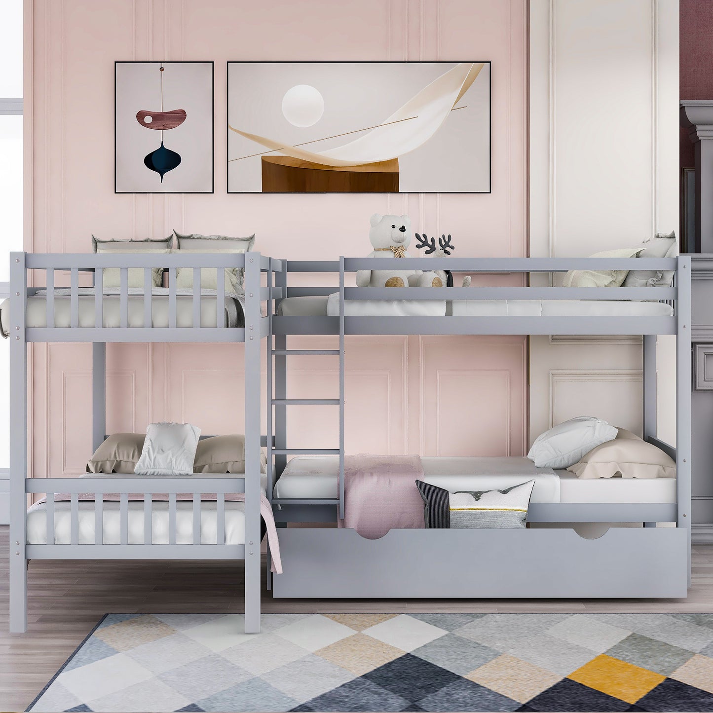 Twin L-Shaped Bunk bed with Drawers-Gray(OLD SKU :LP000038AAE)