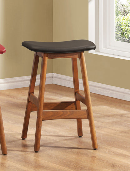 Solid Wood Walnut Finish Counter Height Stools Set of 2 Dark Brown Faux Leather Seat Mid-Century Modern Barstools Kitchen Dining Furniture