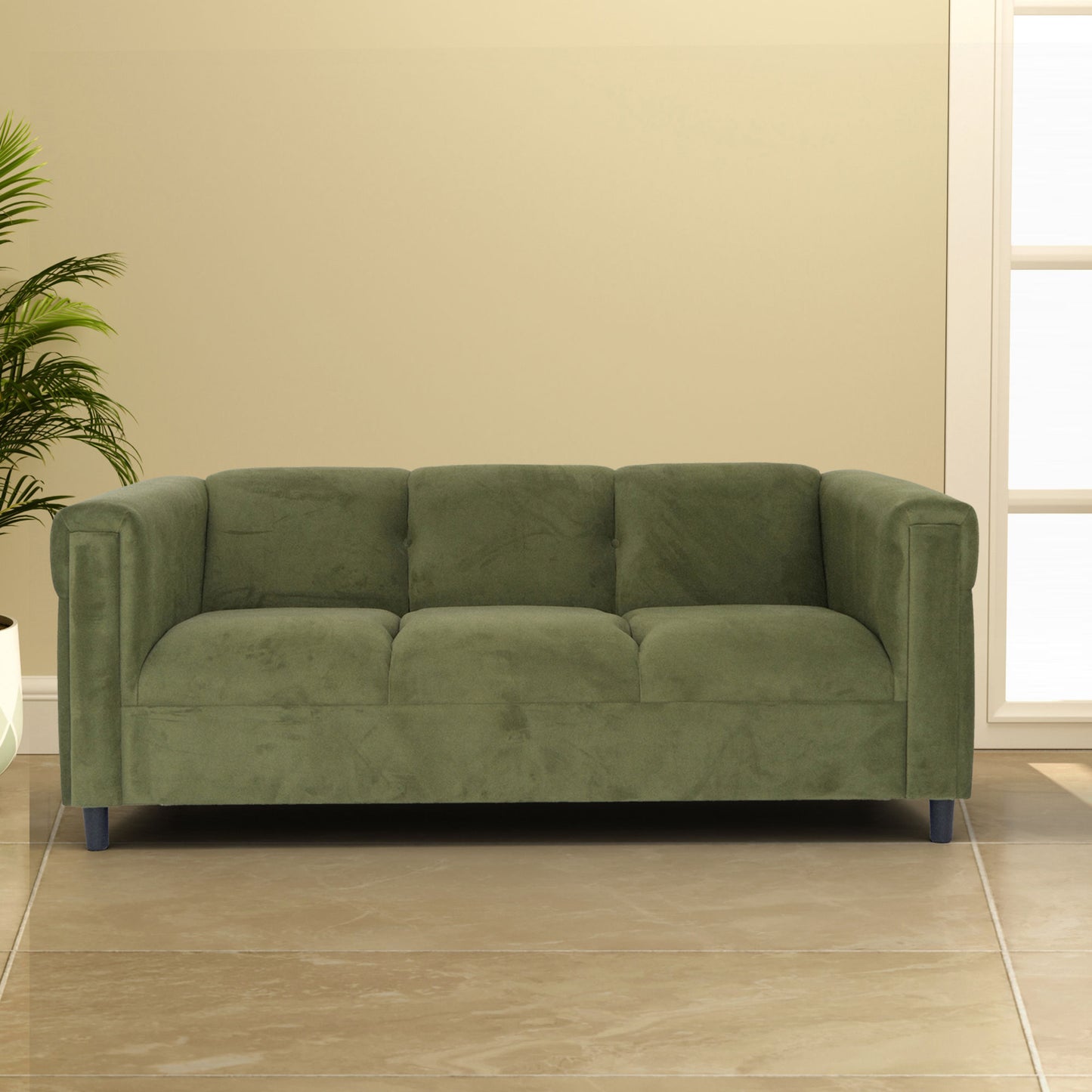 Green Suede Sofa, Modern 3-Seater Sofas Couches for Living Room, Bedroom, Office, and Apartment with Solid Wood Frame