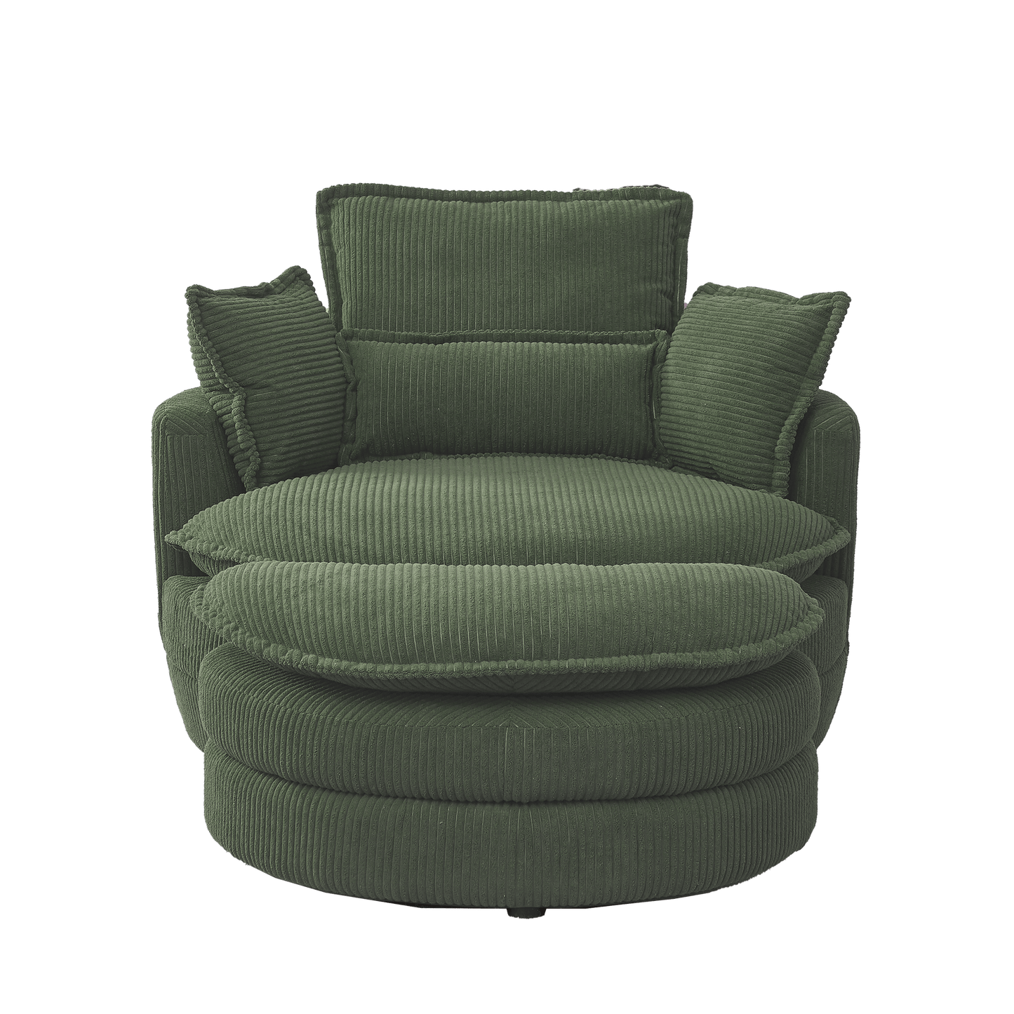 38" Modern Accent Round Swivel Barrel Oversized Chair with Moon Storage Ottoman with 4 Pillows in Green Corduroy