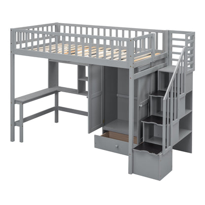 Twin size Loft Bed with Bookshelf,Drawers,Desk,and Wardrobe-Gray