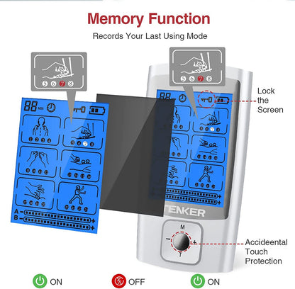 TENKER EMS TENS Unit Muscle Stimulator, 24 Modes Dual Channel Electronic Pulse Massager for Pain Relief/Management & Muscle Strength Rechargeable TENS Machine with 8 Pcs Electrode Pads