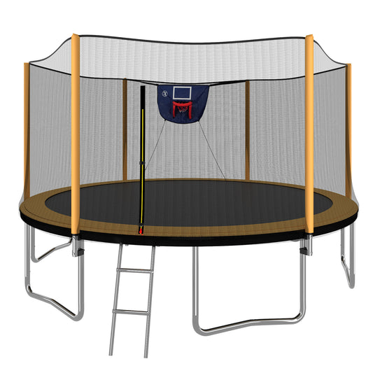 14FT Powder-coated Advanced Trampoline with Basketball Hoop Inflator and Ladder(Outer Safety Enclosure) Orange