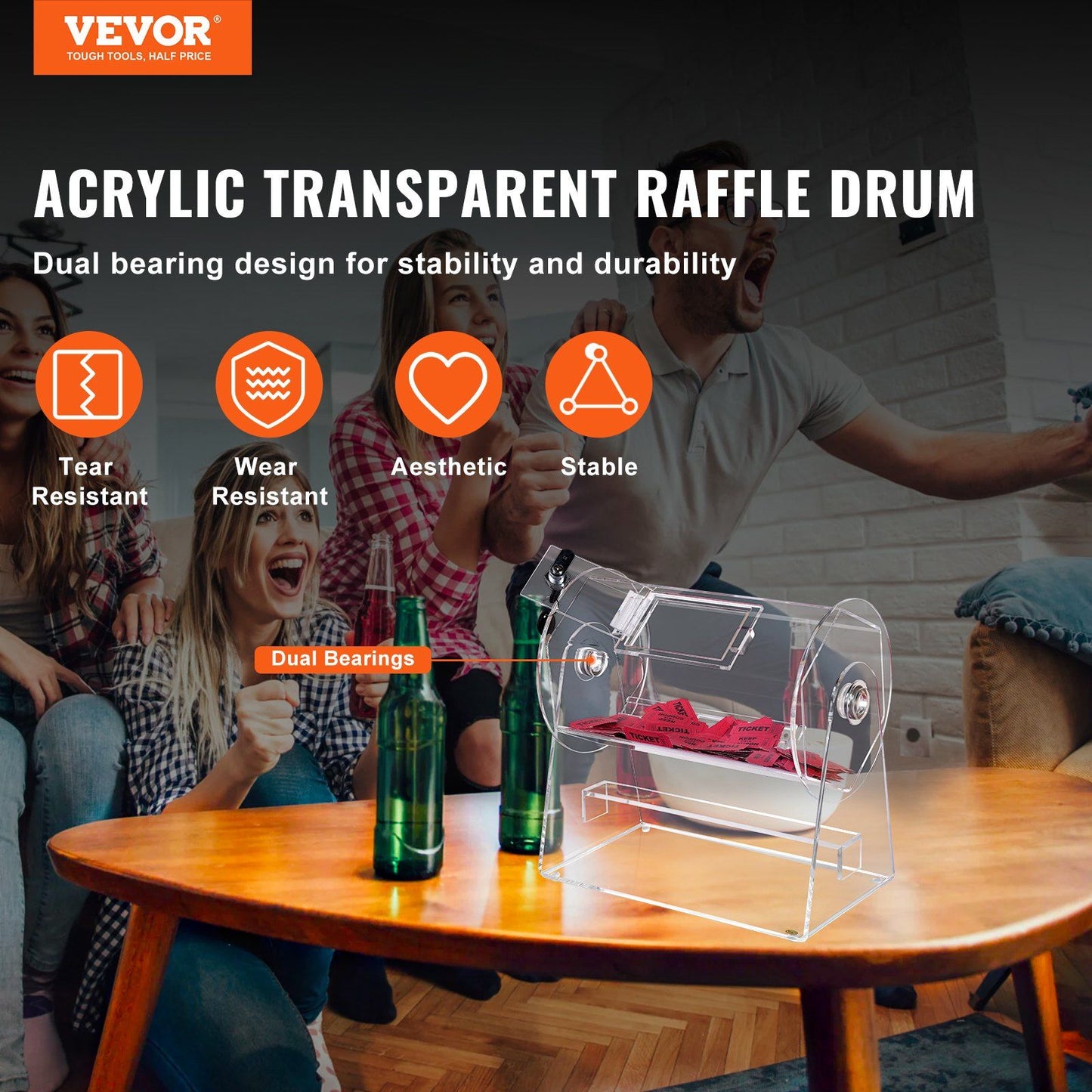 VEVOR Acrylic Raffle Drum, Professional Raffle Ticket Spinning Cage with 2 Keys, Transparent Lottery Spinning Drawing, Holds 2500 Tickets or 100 Raffle Balls,Raffle Ticket Box for Lottery Games Bingo