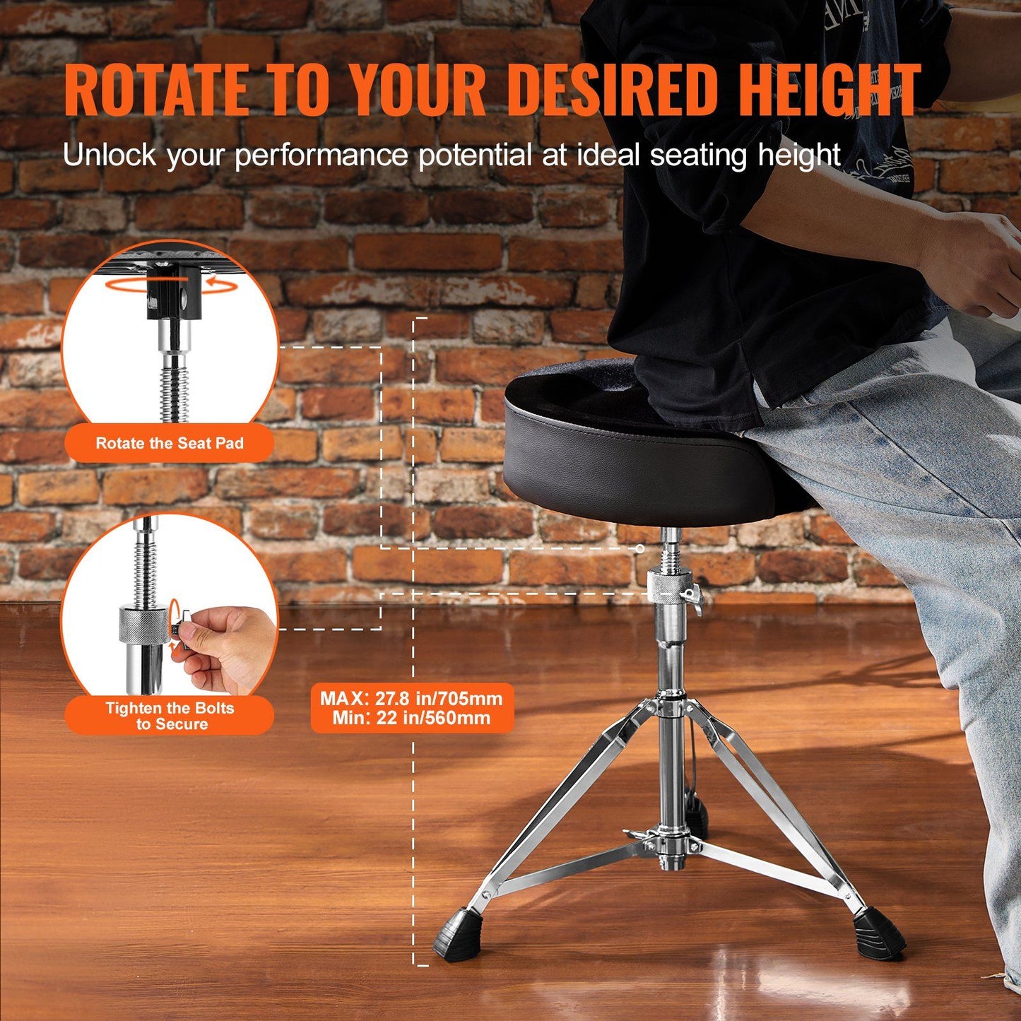 VEVOR Saddle Drum Throne, 22-27.8 in / 560-705 mm Height Adjustable, Padded Drum Stool Seat with Anti-Slip Feet 5A Drumsticks 500 lbs / 227 kg Max Weight Capacity, 360° Swivel Drum Chair for Drummers