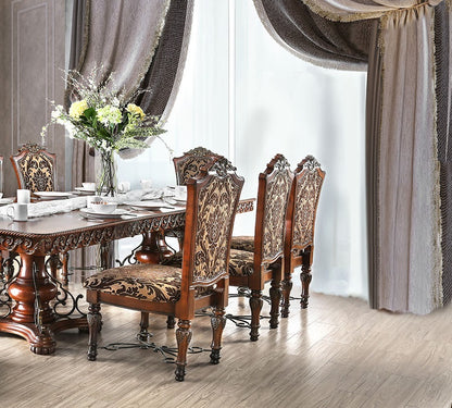 Traditional Fancy Set of 2pcs Side Chairs Brown Cherry Solid wood Intricate Carved Details Floral Design Print Fabric Seats Formal Dining Room Furniture