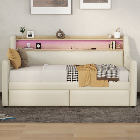 Twin Size Daybed with Storage Drawers, Upholstered Daybed with Charging Station and LED Lights, Beige (Expect arrive date: Jun.,20th.)