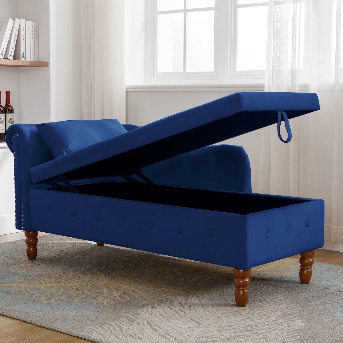 Navy Blue Chaise Lounge Indoor,Velvet Lounge Chair for Bedroom with Storage & Pillow,Modern Upholstered Rolled Arm Chase Lounge for Sleeping with Nailhead Trim for Living Room Bedroom Office