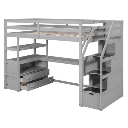 Twin Size Loft Bed with Desk and Shelves, Two Built-in Drawers, Storage Staircase, Gray