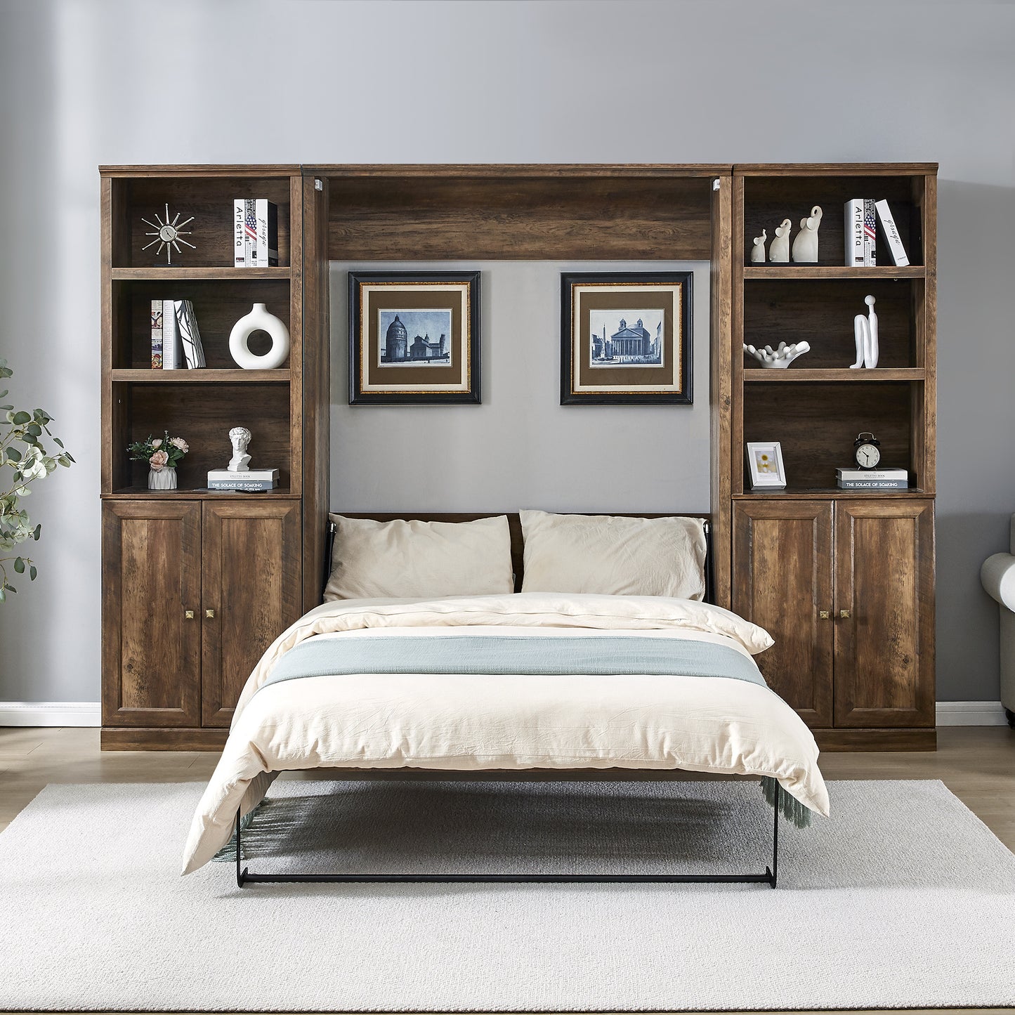 Full Size Murphy Wall Bed with 2 Side Cabinet Storage Shelf, Cabinet Space-Saving Bed Perfect for Guest Room, Bed Room, Guest Room, Home Office, Brown