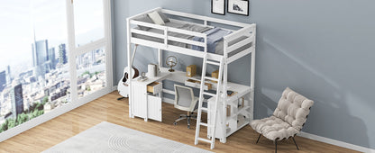 Twin Size Loft Bed with U-shaped Desk, Drawers and Storage Shelves, White