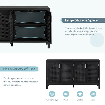 TREXM Large Storage Space Sideboard with Artificial Rattan Door and Metal Handles for Living Room and Entryway (Black)