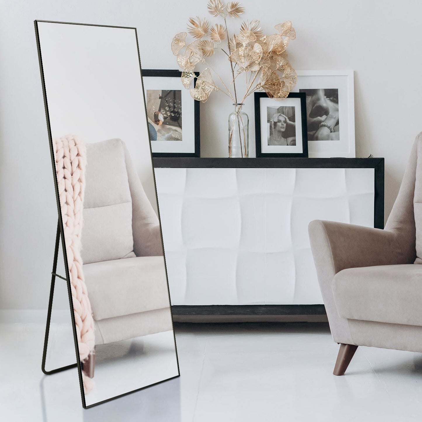 Full Length Mirror, Floor Mirror with Stand, Dressing Mirror , Bedroom Mirror with Aluminium Frame 65"x22", Black