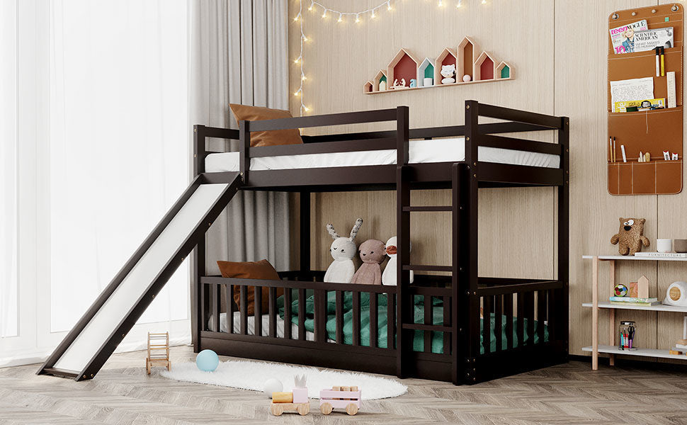 Twin Over Twin Bunk Bed with Slide and Ladder, Espresso(Old SKU:LP000009AAP)