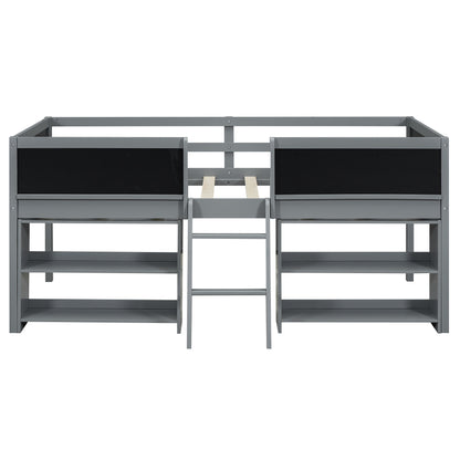 Twin Size Low Loft Bed with Two Movable Shelves and Ladder,with Decorative Guardrail Chalkboard,Gray(Old SKU: WF283286AAE)