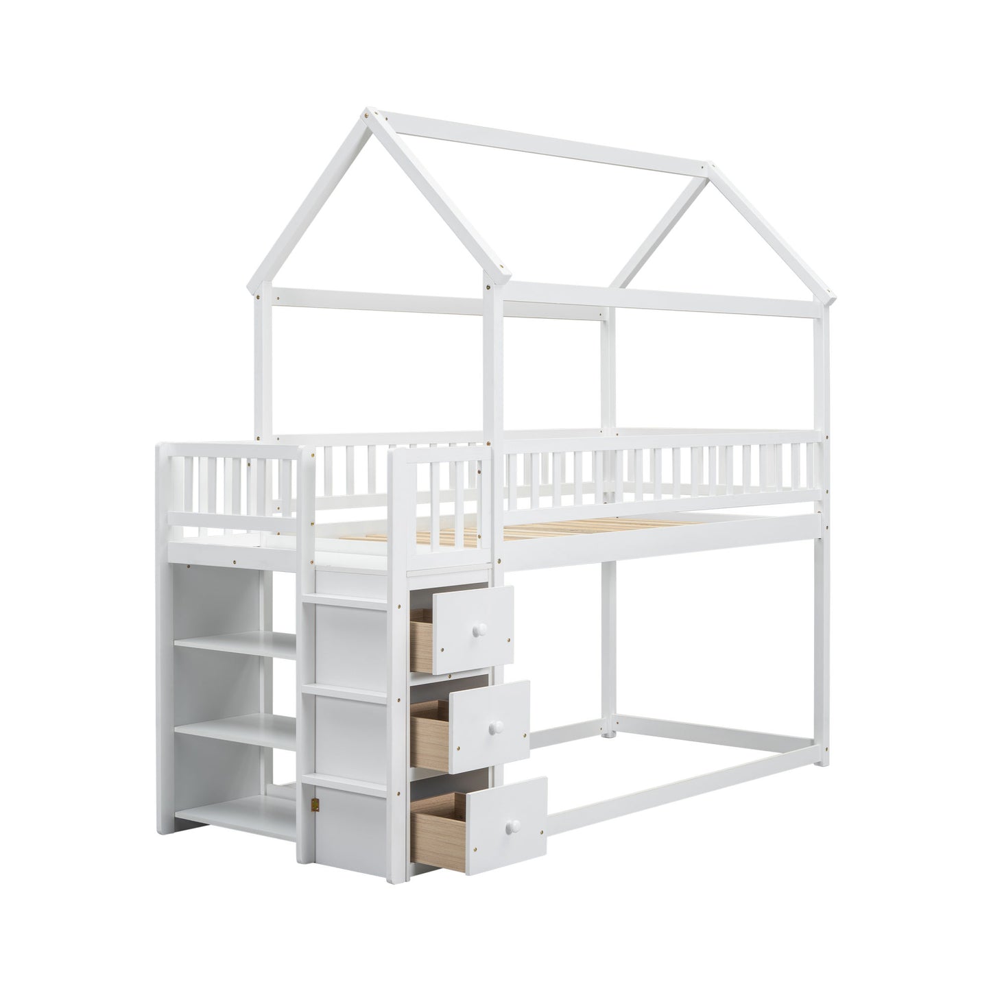 TWIN/TWIN HOUSE BUNK BED WITH SHELVES AND DRAWERS FOR WHITE COLOR