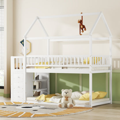 TWIN/TWIN HOUSE BUNK BED WITH SHELVES AND DRAWERS FOR WHITE COLOR