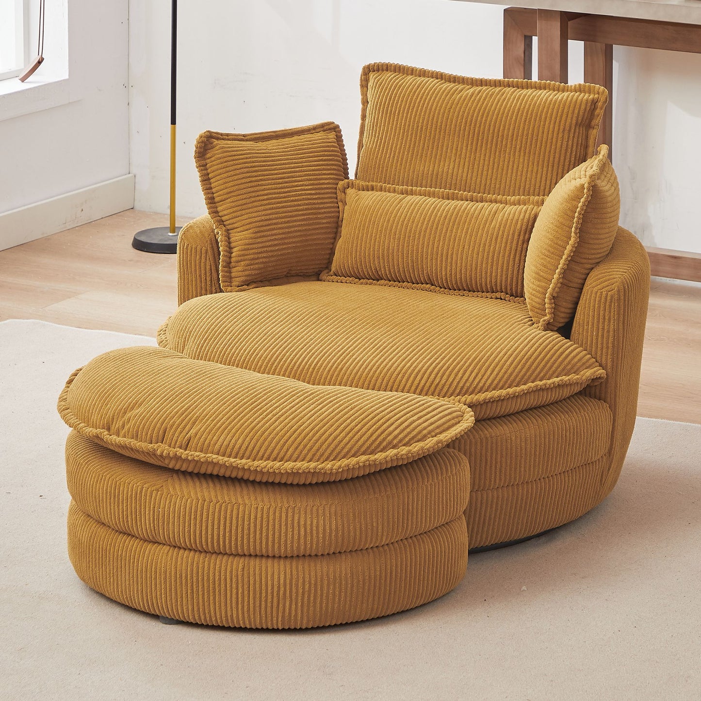 38" Modern Accent Round Swivel Barrel Oversized Chair with Moon Storage Ottoman & 4 Pillows in Yellow Corduroy